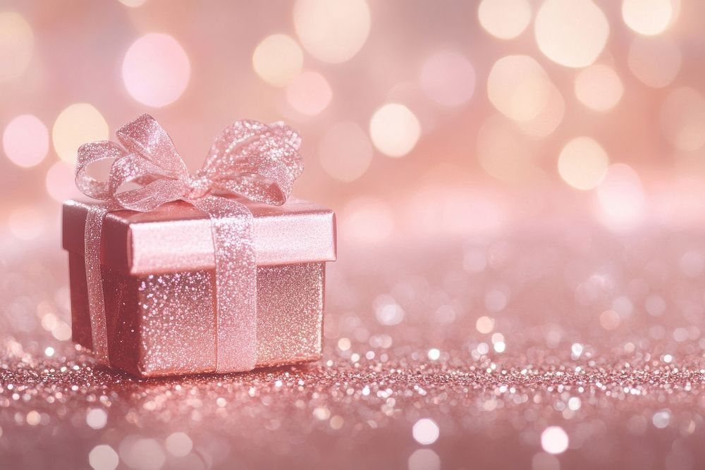 8 Gift Box Images: Red, Black, Pink, Blue and Clear 4 Pink glittery gift box with a shimmering bow on a sparkling background