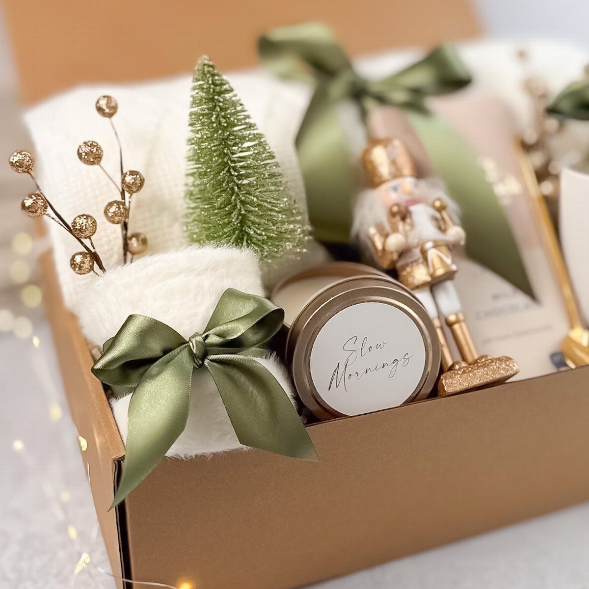 Winter themed gift box with white blanket, green bows, and nutcracker figurine.