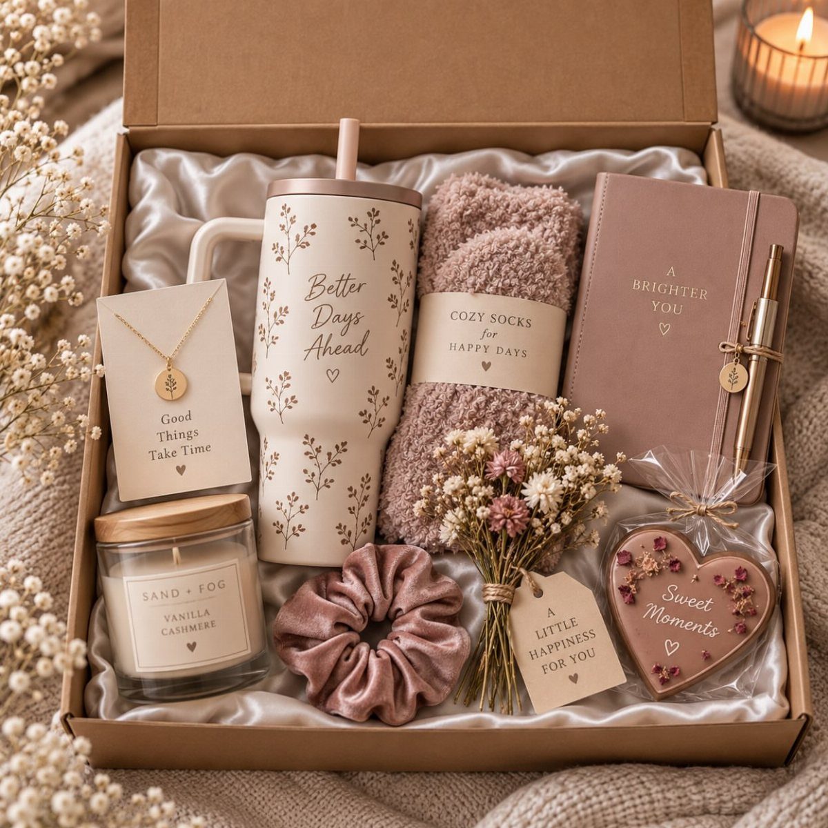 Curated gift box with tumbler, socks, journal, candle, and chocolate on satin fabric