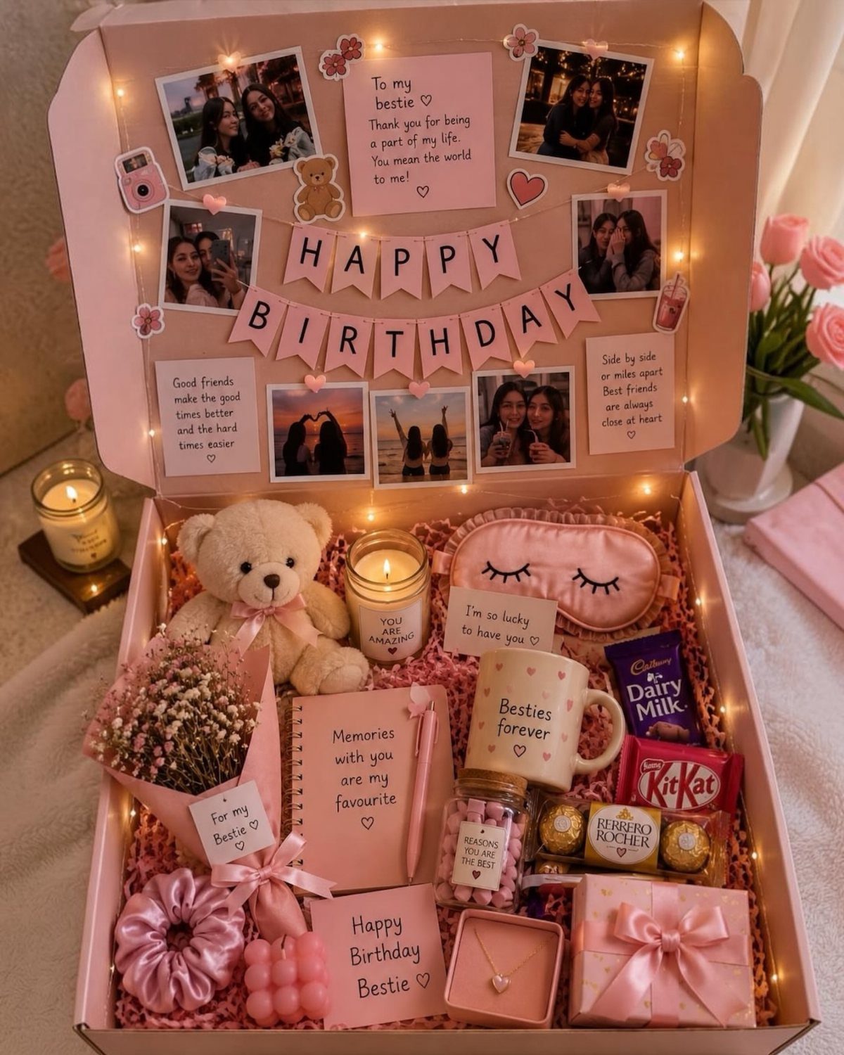 Pink birthday gift hamper filled with a teddy bear, chocolates, and personalized photos.