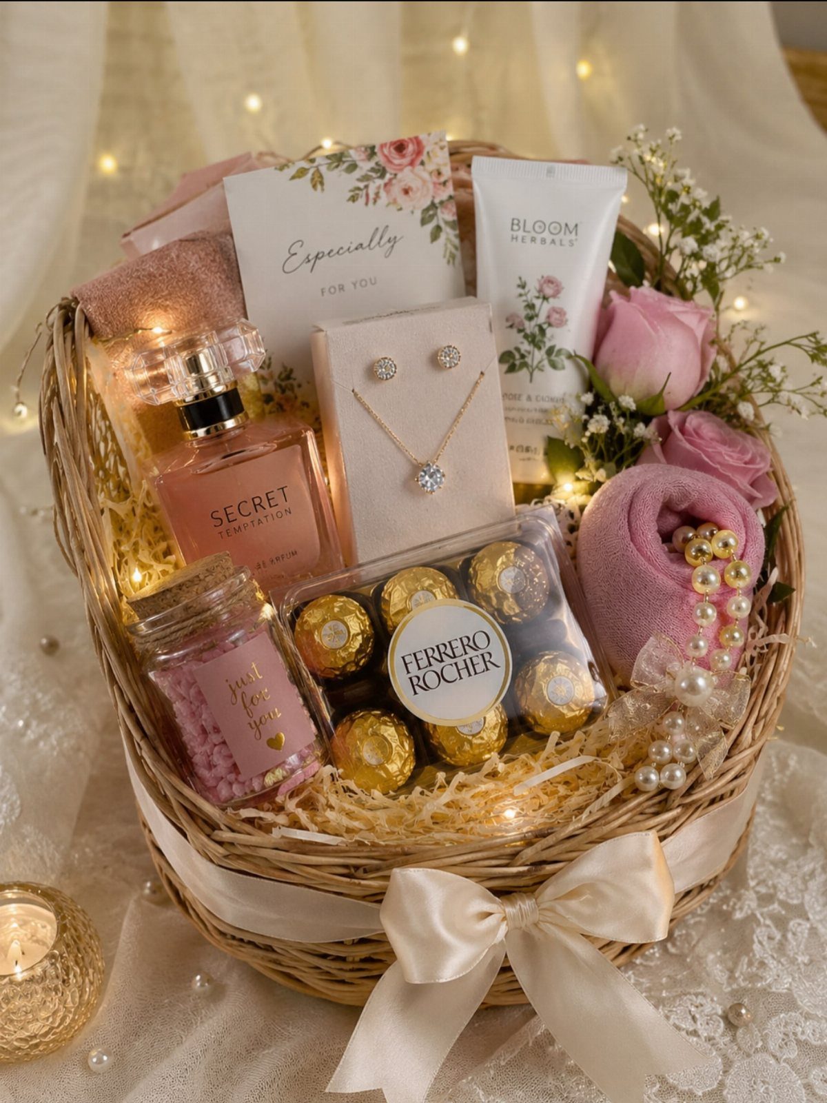 Wicker gift basket with pink perfume, jewelry, chocolates, and a rose for women.