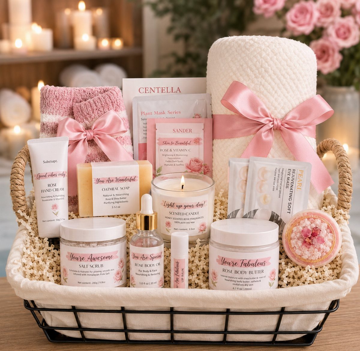 Spa gift basket with pink beauty products, a rolled towel, and a candle.