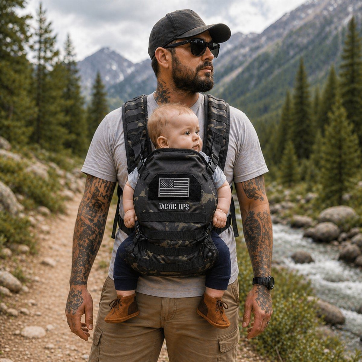 Man wearing a camouflage tactical baby carrier with a baby on a mountain trail