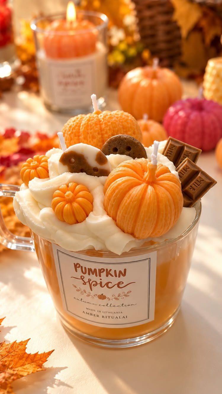 11 Gifts for Halloween Lovers: Candles, Socks and More 10 Pumpkin spice candle in a glass mug topped with wax pumpkins and chocolate.