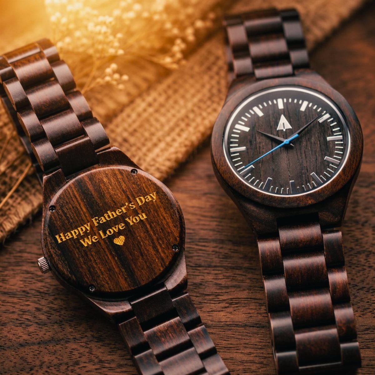 Two wooden wristwatches, one showing an engraved Father's Day message on the back.