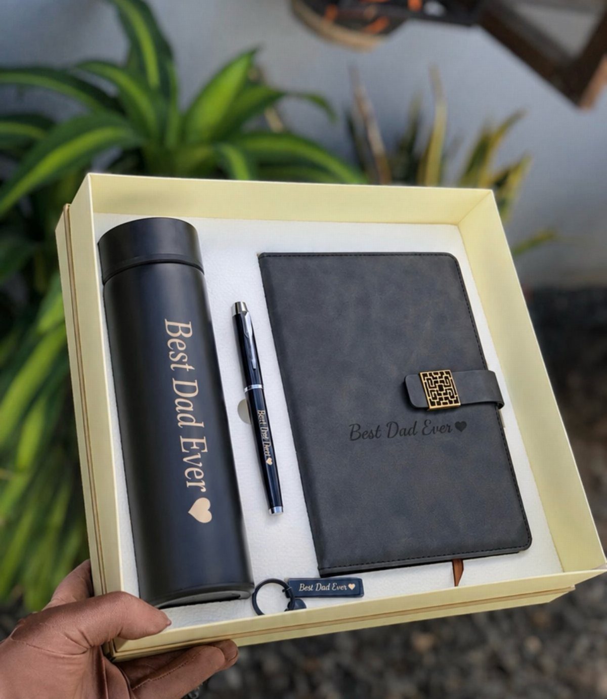 Gift set with black thermos, journal, and pen engraved with Best Dad Ever