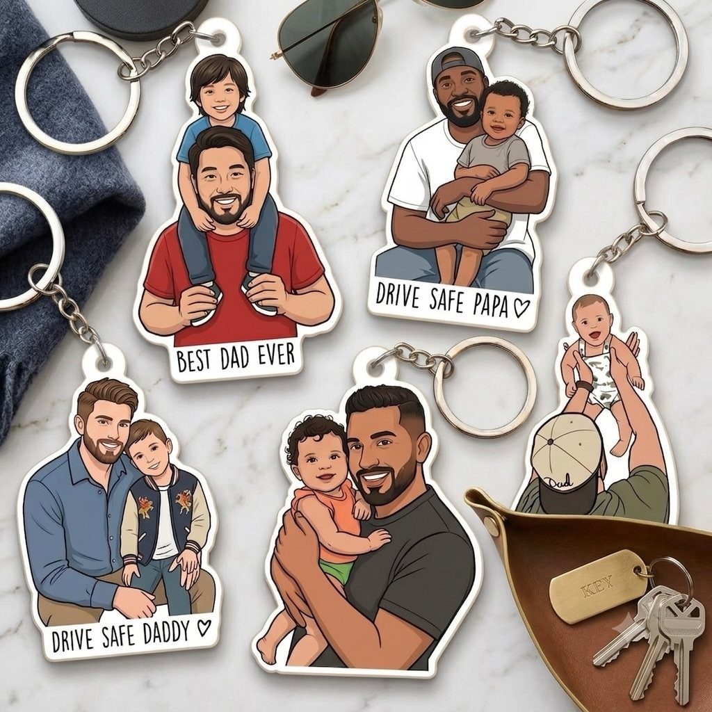 Illustrated acrylic keychains of fathers and children on a white marble surface.