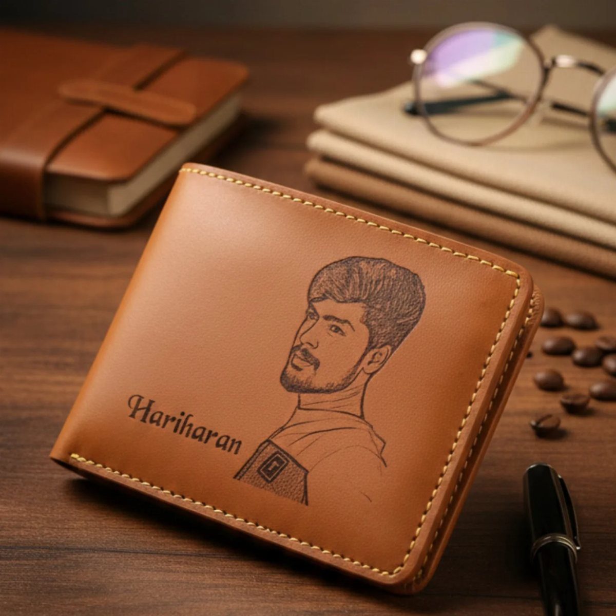 Tan leather wallet with an engraved male portrait and name on wooden table
