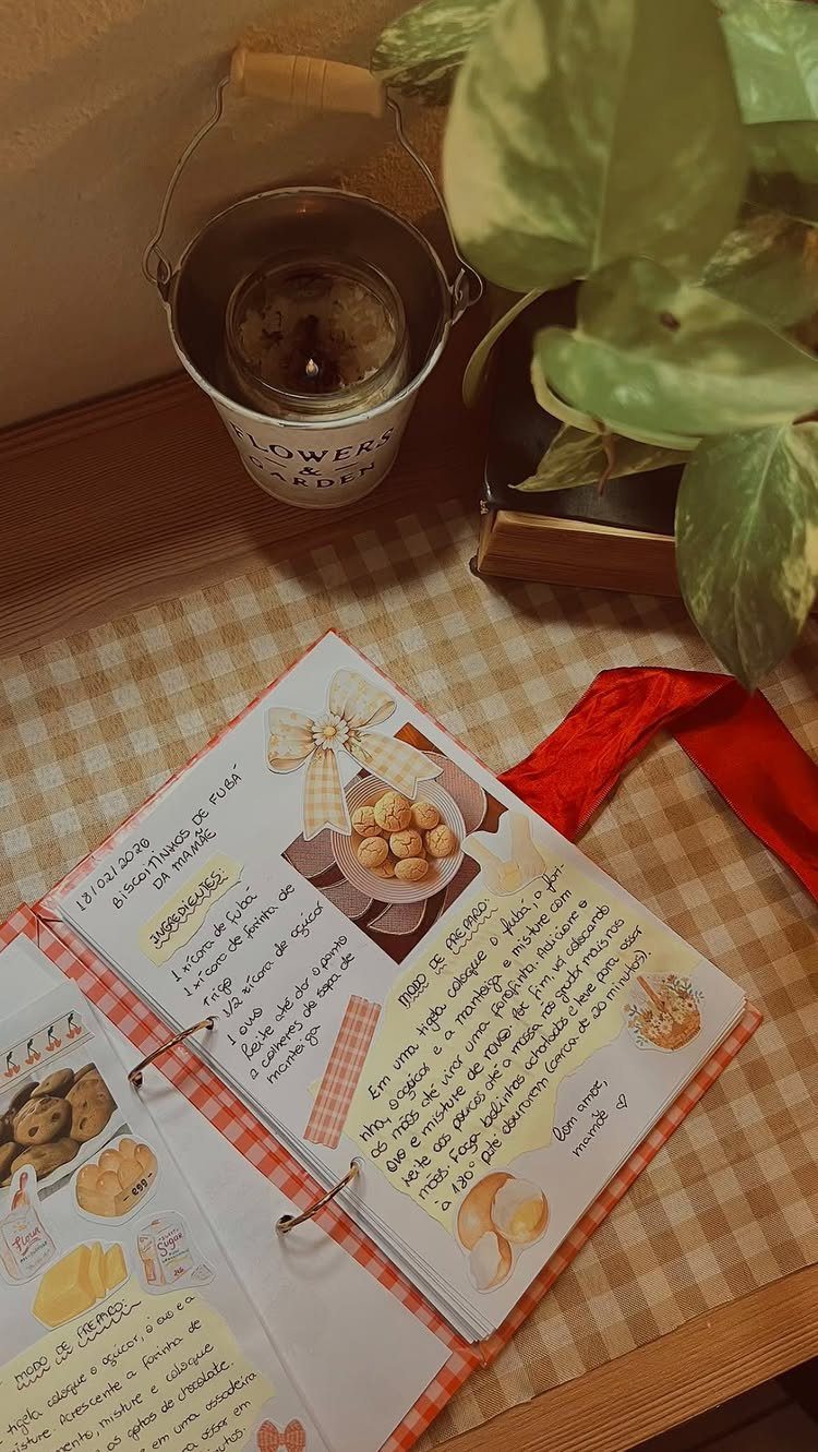 12 Good Gifts for Grandma She'll Actually Use and Treasure 3 Handwritten recipe book with food illustrations on a checkered surface near a plant.