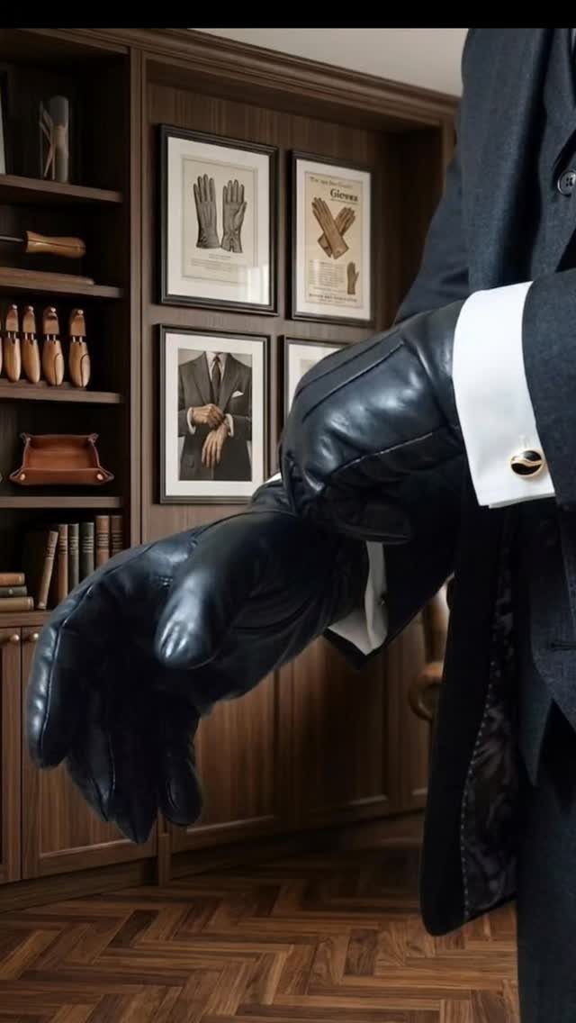 Black leather gloves worn by a man in a suit in a study.