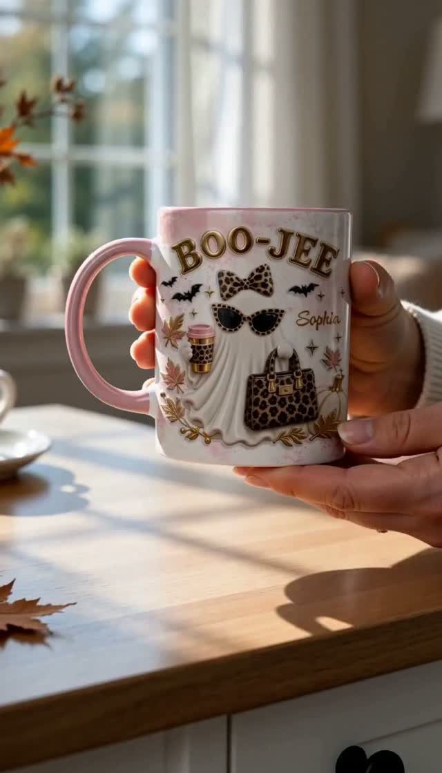 Personalized Halloween coffee mug with a ghost illustration and the name Sophia.