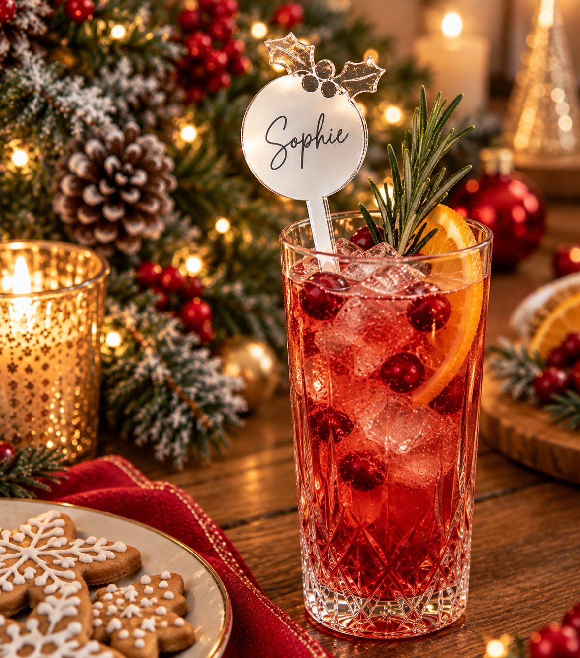 Red holiday cocktail with a personalized name drink stirrer and festive decorations.