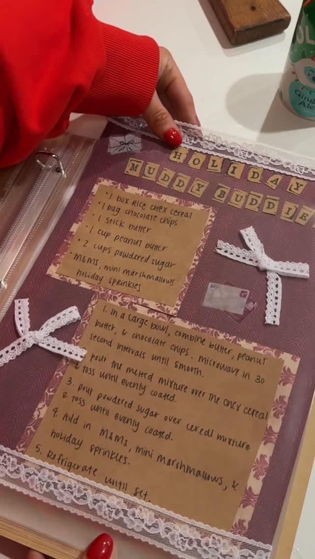 Handmade recipe page for Muddy Buddy with lace decorations and handwritten instructions.
