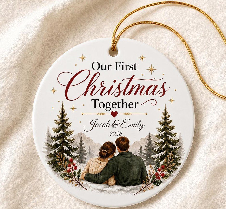 14 Holiday Christmas Gifts for Kids, Couples and Coworkers 4 Round ceramic Christmas ornament featuring a couple hugging in a snowy winter forest.