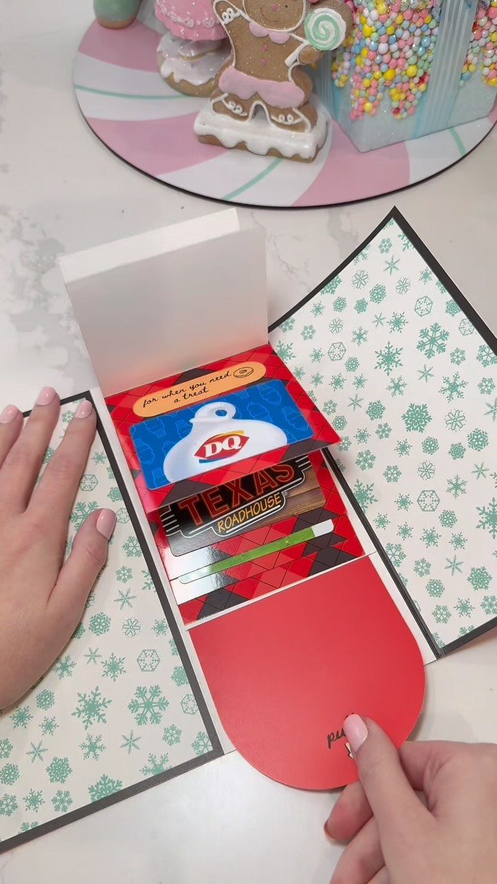 5 Holiday Coworker Gift Ideas for Every Budget 3 Holiday card containing multiple gift cards held by hands with cookies in background