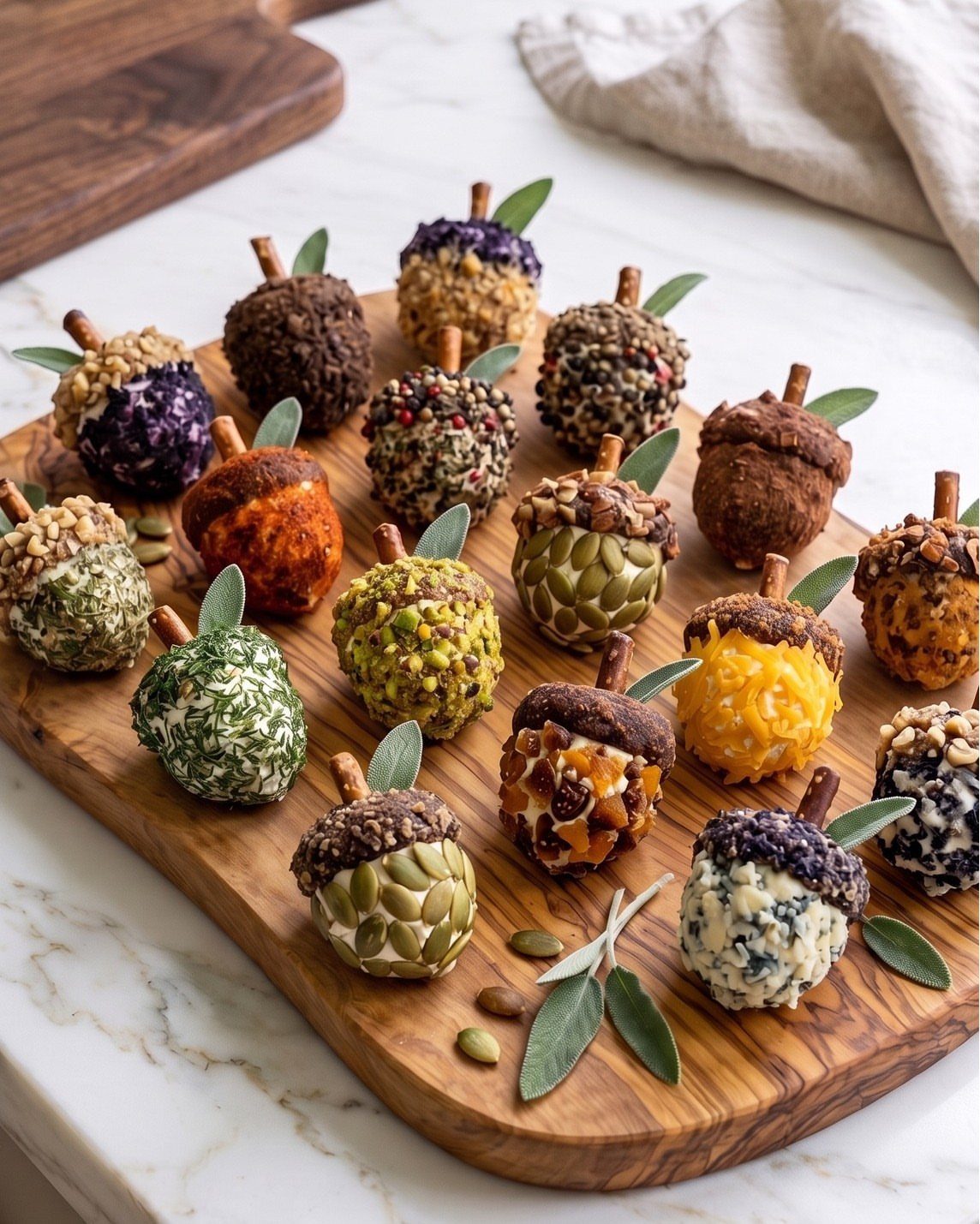 5 Holiday Coworker Gift Ideas for Every Budget 1 Acorn-shaped cheese balls coated in seeds and nuts on a wooden board