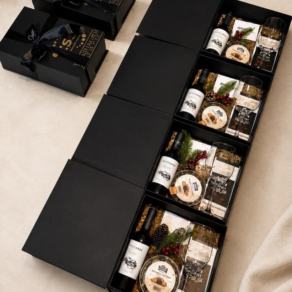 Luxury black gift boxes containing red wine, glassware, and gourmet treats with festive greenery.