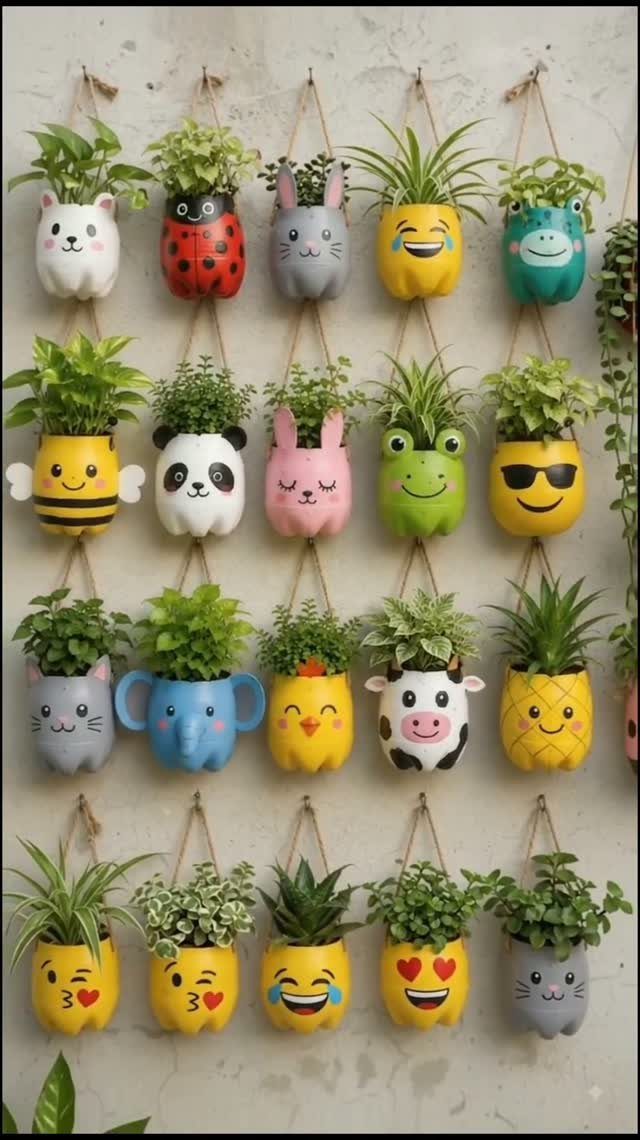 Repurposed plastic bottle plant pots painted as animals and emojis hanging on a wall.