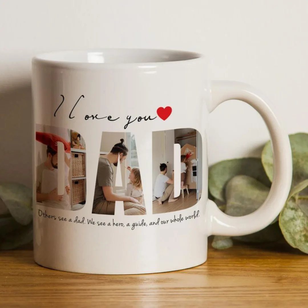 9 Homemade Father's Day Gifts Dad Will Actually Use 1 White ceramic mug with personalized photos of a father and child and text.