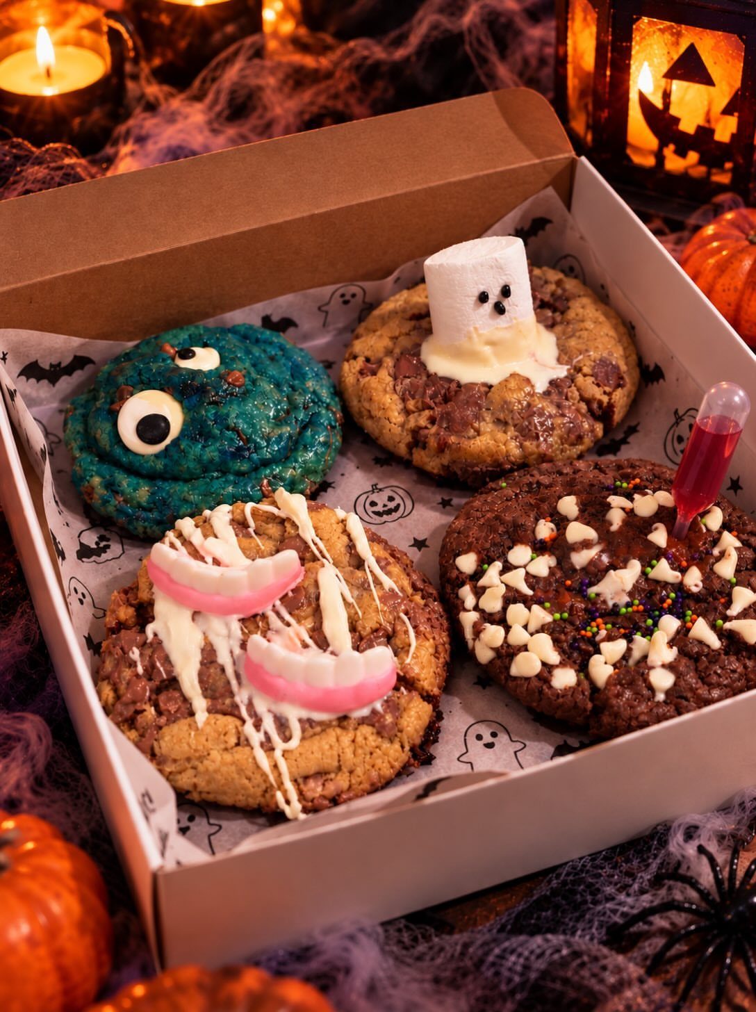 Four decorated Halloween cookies in a white gift box surrounded by autumn decorations.