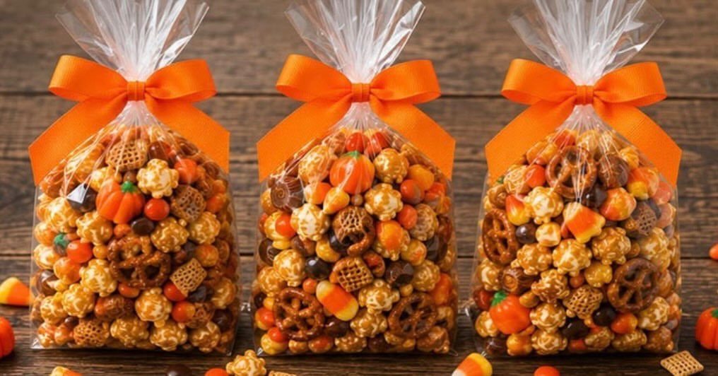 Three clear bags of Halloween popcorn mix tied with orange ribbons on wood.