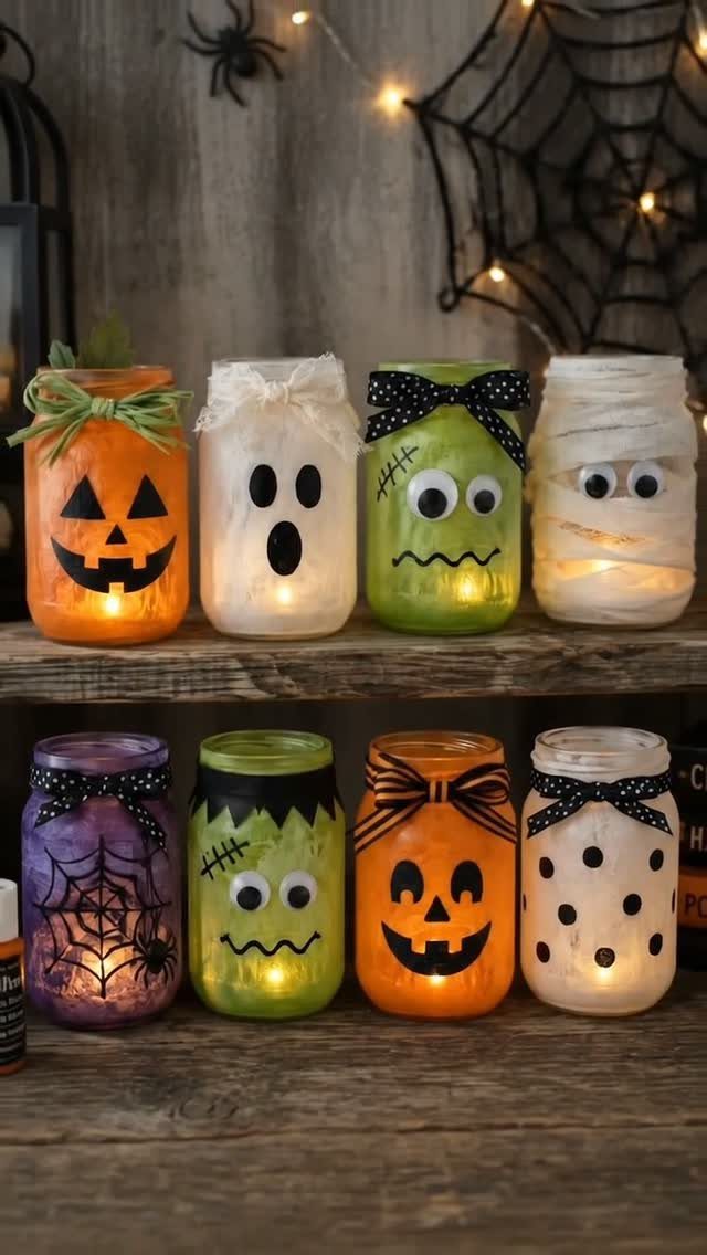 Halloween themed glass jars painted as pumpkins, ghosts, and mummies on wooden shelves.