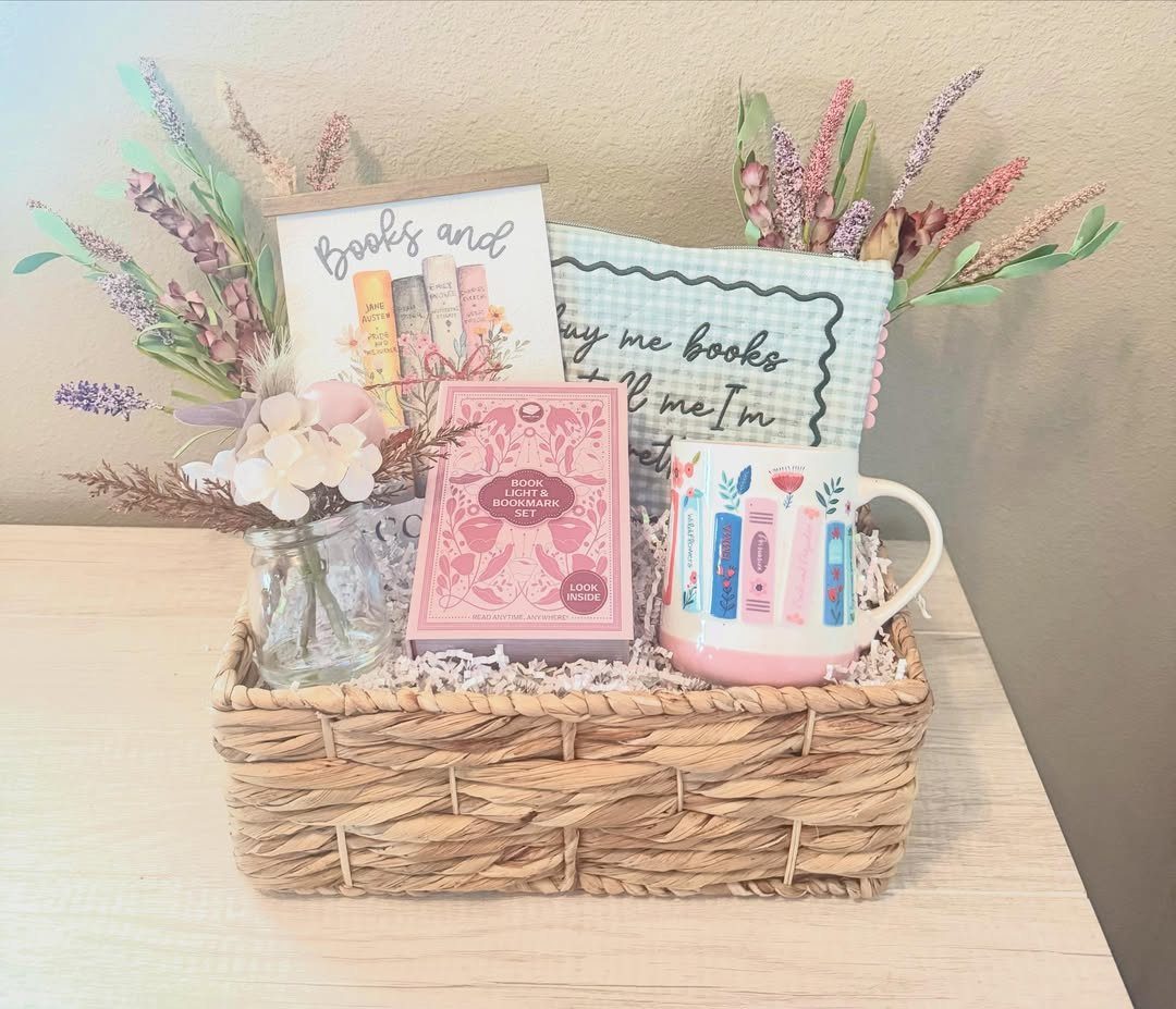 14 Household Gift Basket Ideas for Every Occasion 8 Woven gift basket with book-themed mug, bookmarks, and dried flowers for reading lovers.