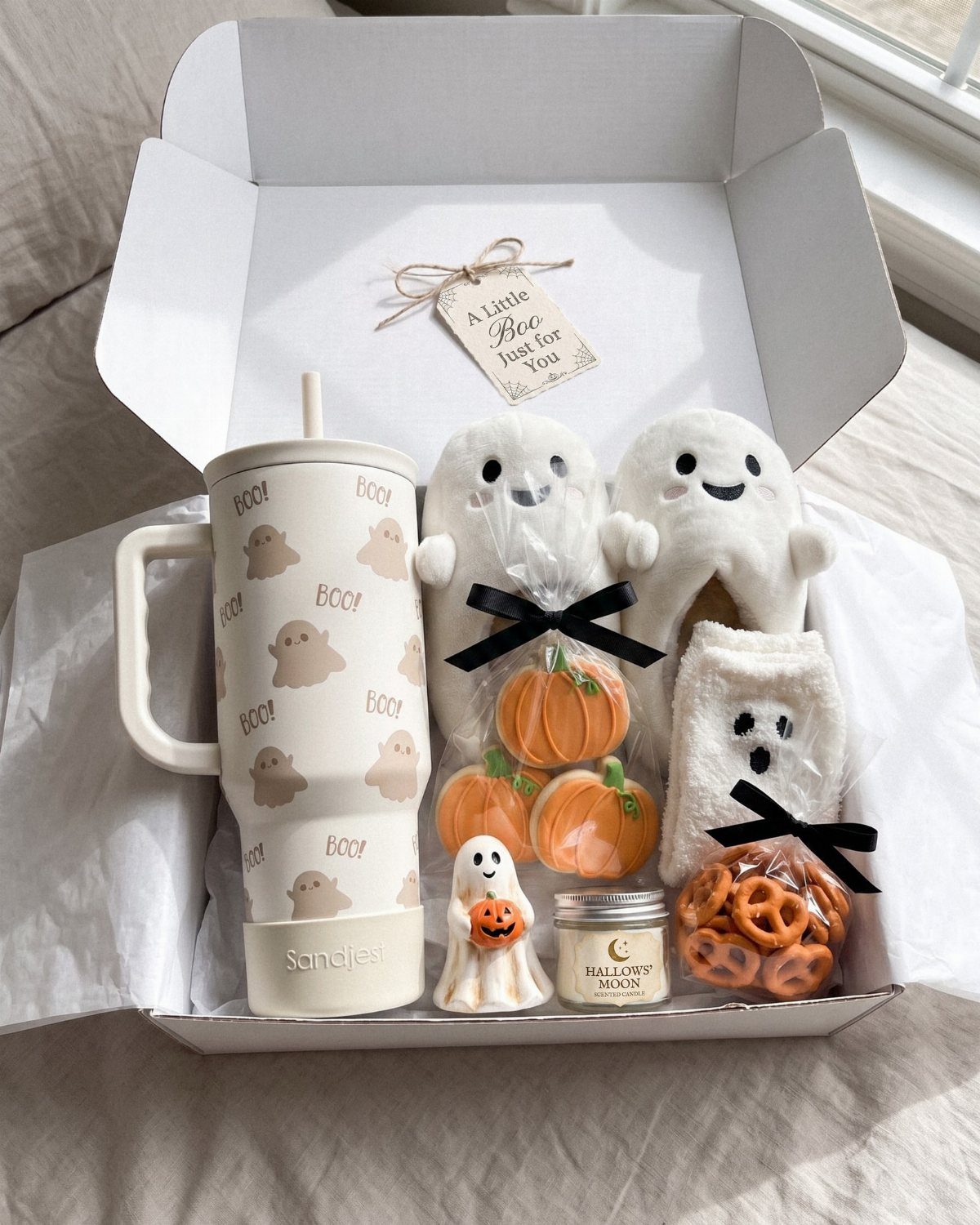 14 Household Gift Basket Ideas for Every Occasion 5 Halloween gift box with ghost plushies, pumpkin decor, and a themed tumbler.
