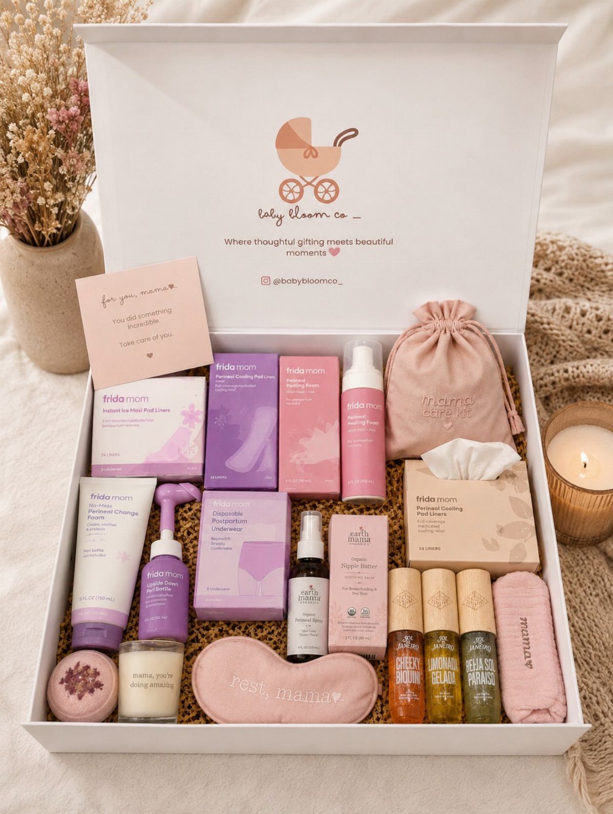 14 Household Gift Basket Ideas for Every Occasion 11 New mom gift box with skincare, sleep mask, and essential oils in pink tones.