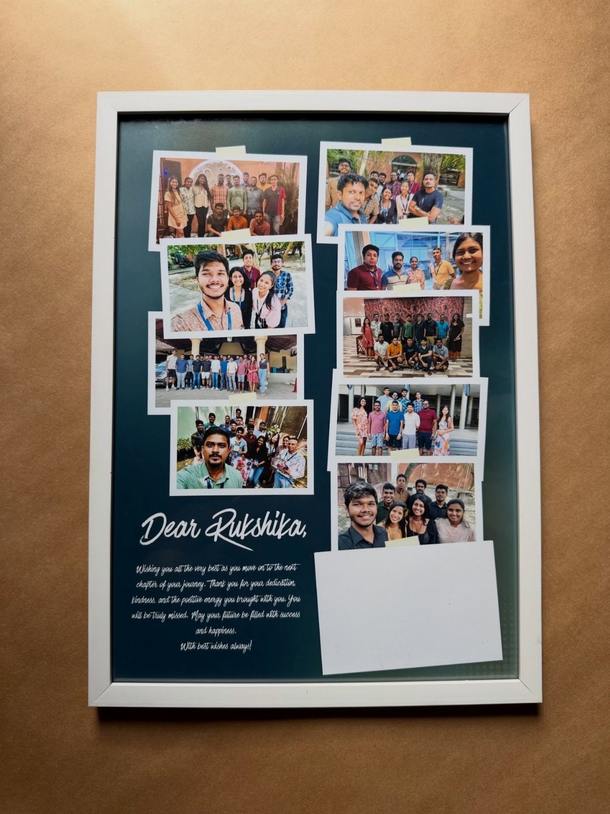 Framed photo collage with a green background, group pictures, and a handwritten note.