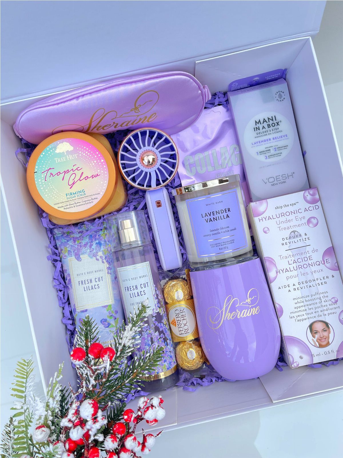 Luxury Gift Basket Ideas: 5 Options for Every Taste 3 Spa and wellness gift set with purple skincare products in a white box.