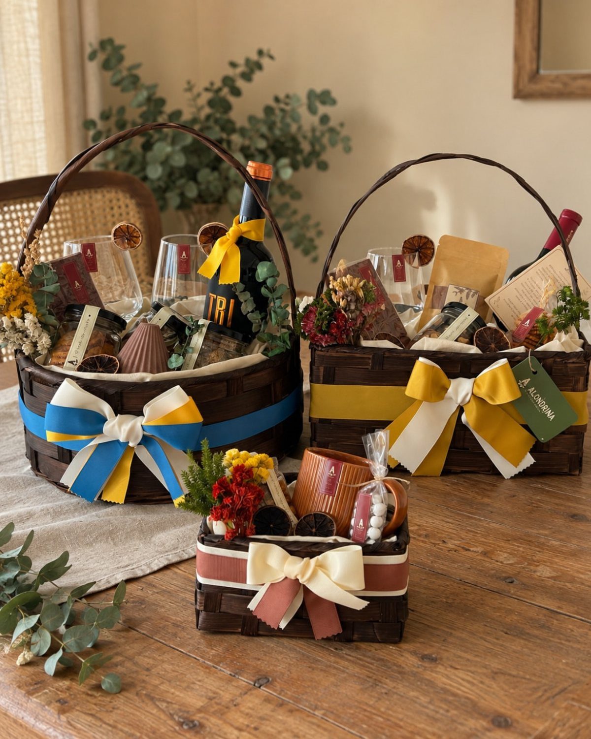 Luxury Gift Basket Ideas: 5 Options for Every Taste 4 Three gourmet wine gift baskets with ribbons and treats on a wooden table.