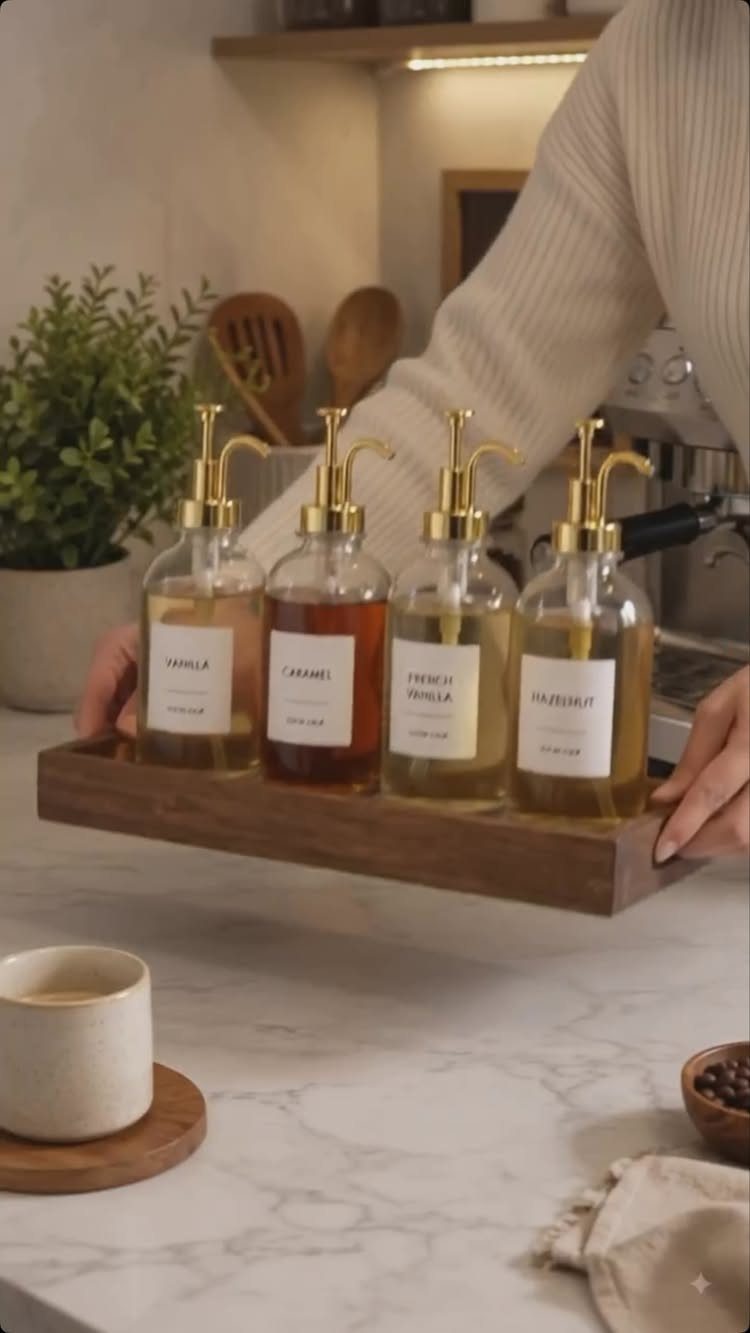 Nespresso Gift Basket Ideas: 5 Ways to Build One 1 Four glass syrup dispensers with gold pumps on a wooden tray.