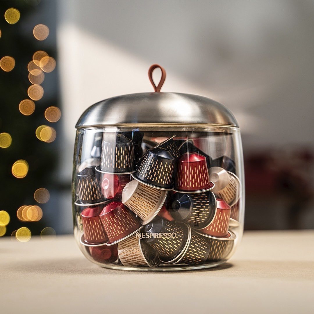 Nespresso Gift Basket Ideas: 5 Ways to Build One 2 Glass jar with silver lid filled with colorful Nespresso coffee pods