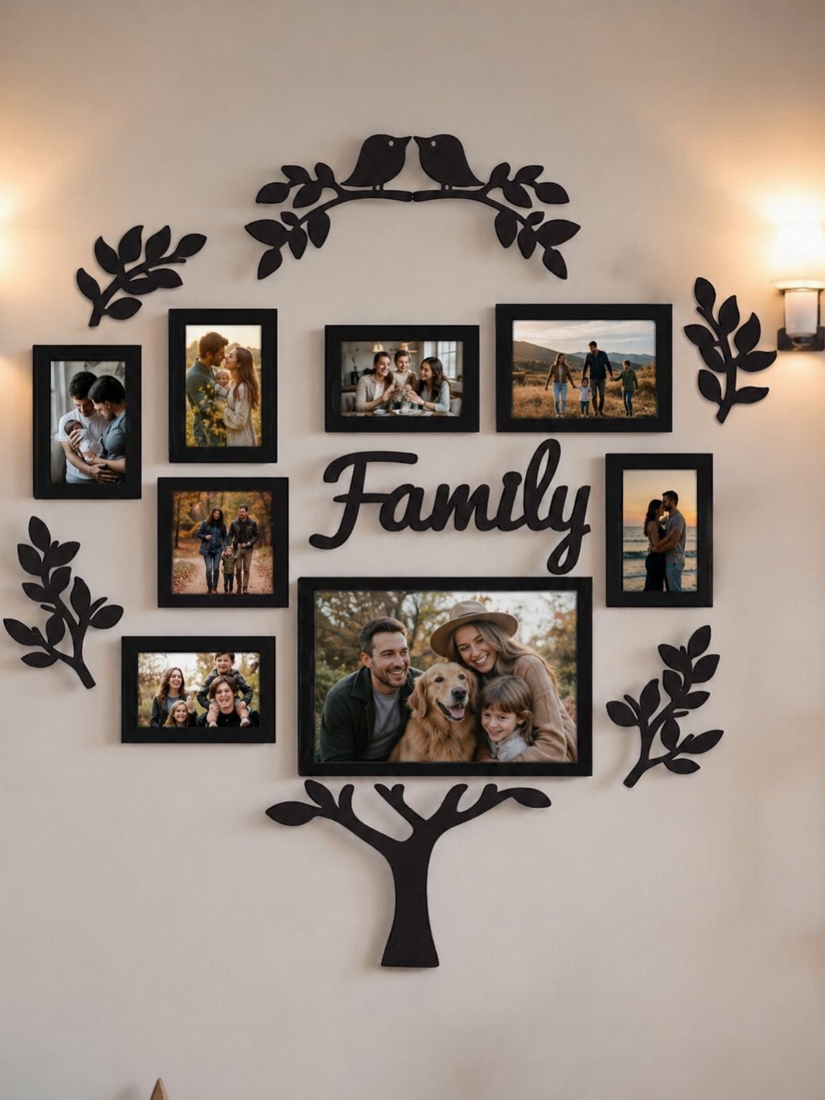 Photo Gifts for Dad From Daughter: 7 Ideas He'll Keep 6 Family photo wall display with black frames and a decorative tree silhouette.