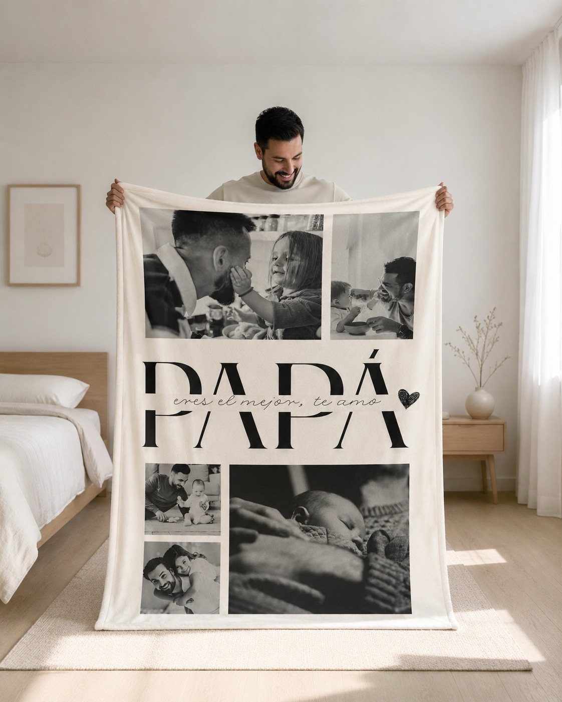 Photo Gifts for Dad From Daughter: 7 Ideas He'll Keep 1 Man holding a white personalized photo blanket with family pictures and text PAPÁ