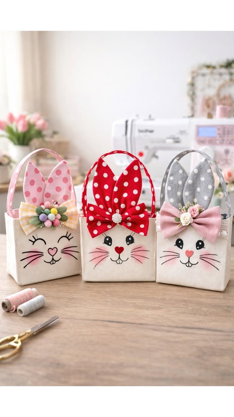 Three fabric bunny face baskets with polka dot ears and bows on a table.