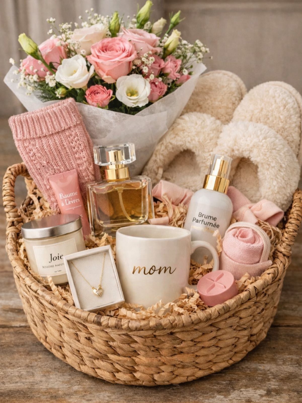 8 Small Gift for Mom Ideas, From Bath Soaks to Baskets 7 Wicker gift basket for mom with roses, slippers, heart necklace, and white mug.