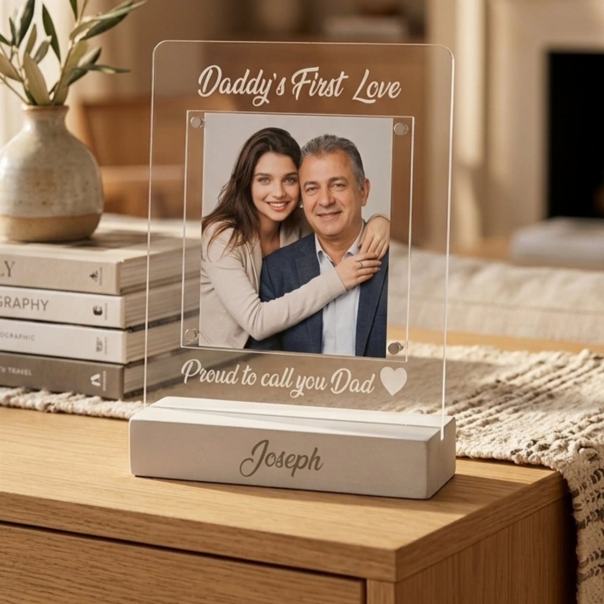 10 Special Gifts for Dad: Personalized Picks He'll Keep 4 Personalized acrylic photo plaque of a father and daughter on a wooden base.