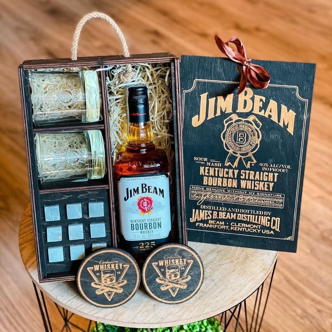 10 Special Gifts for Dad: Personalized Picks He'll Keep 1 Jim Beam bourbon bottle in a wooden gift box with coasters and jars
