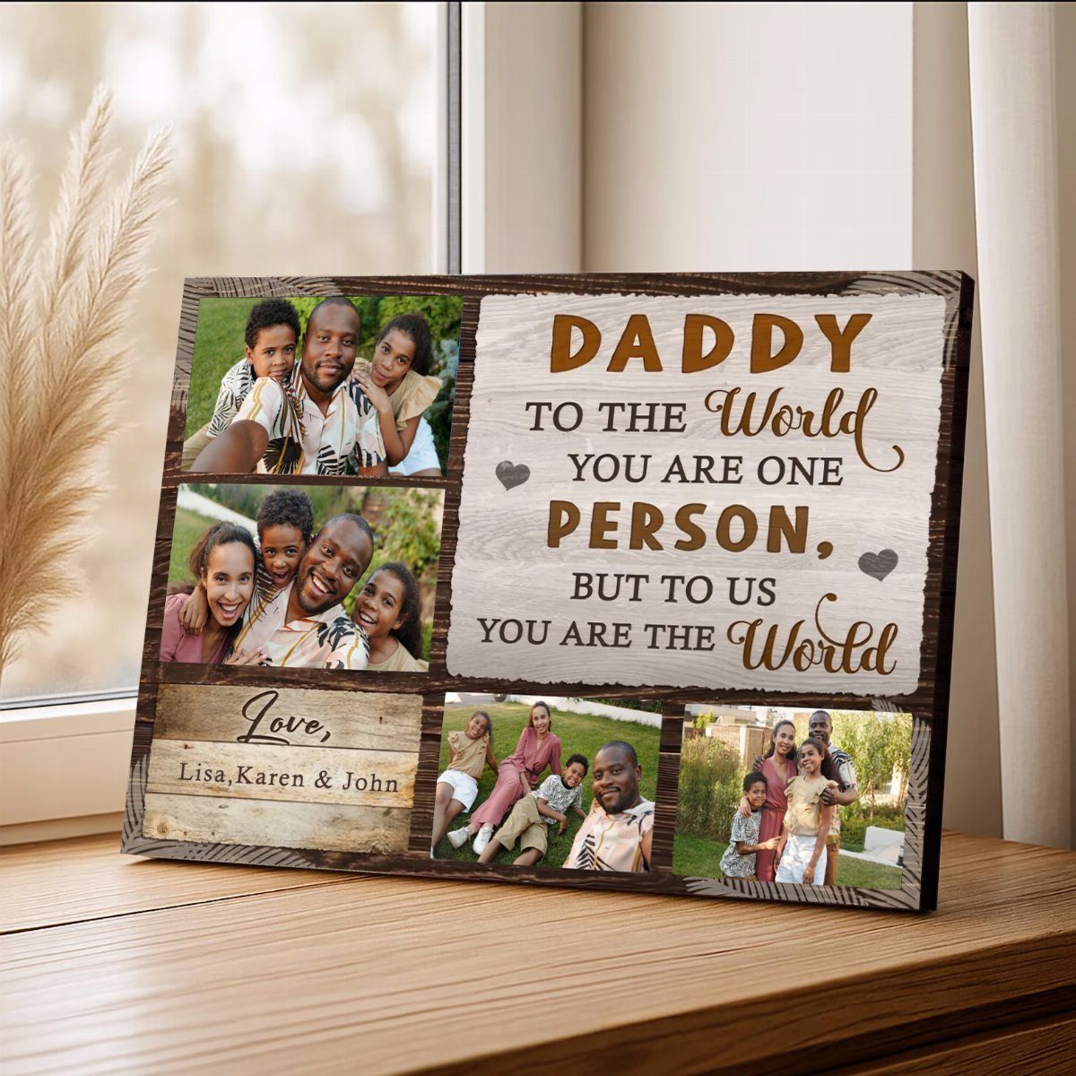 11 Step Father Gifts: From a Pocket Knife to a Photo Plaque 11 Wooden photo plaque with family pictures and a sentimental message for a father.