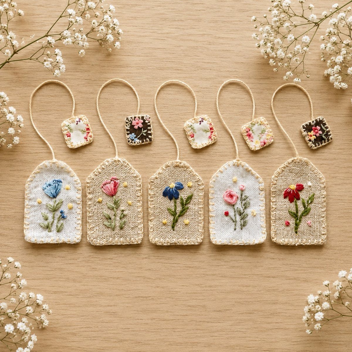 Tea Bag Gift Ideas to Make or Buy: 11 Sweet Picks 8 Embroidered fabric tea bags with colorful flowers on a light wooden background