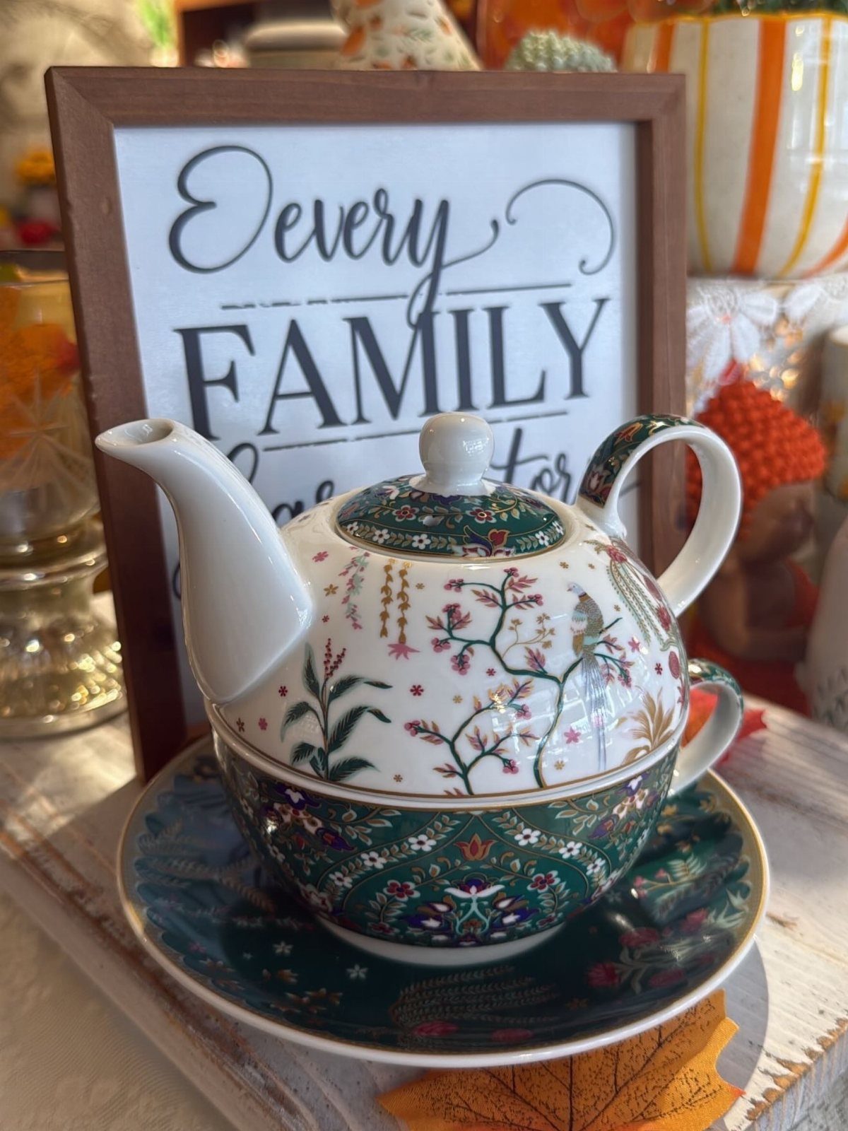 Tea Bag Gift Ideas to Make or Buy: 11 Sweet Picks 2 Floral patterned tea-for-one set with a teapot stacked on a matching cup and saucer.