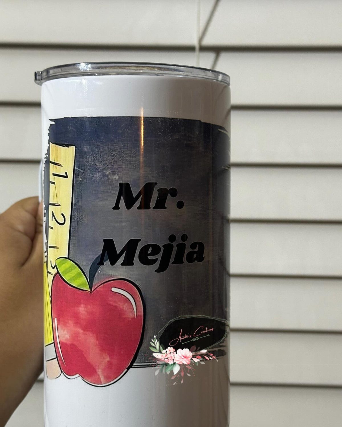 Custom white tumbler for Mr. Mejia featuring a red apple and chalkboard design.