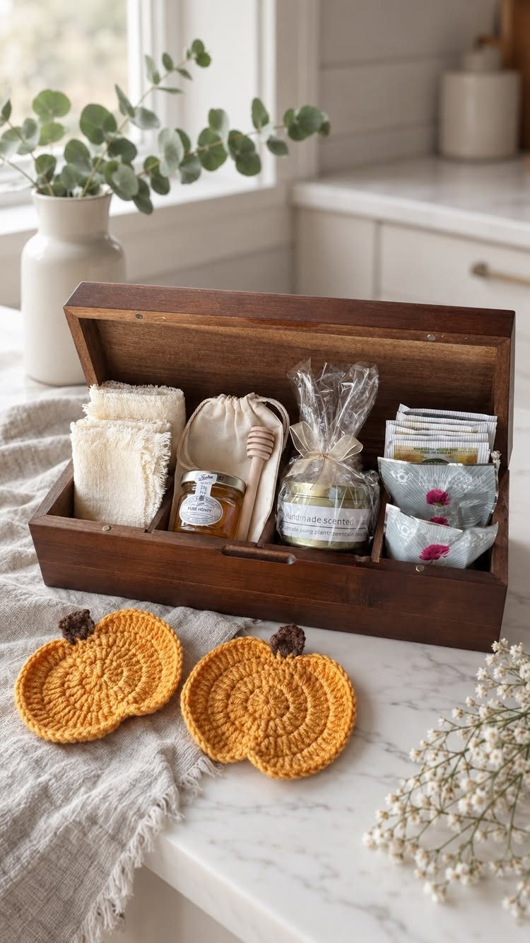 8 Thanksgiving Gift Box Ideas for Hosts and Friends 6 Wooden gift box with honey and towels next to orange crocheted pumpkin coasters