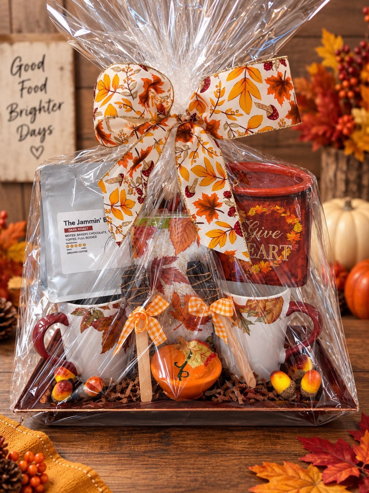 12 Thanksgiving Gifts for Coworkers They'll Actually Use 1 Autumn gift basket with mugs, treats, and a fall-leaf bow in cellophane wrap.