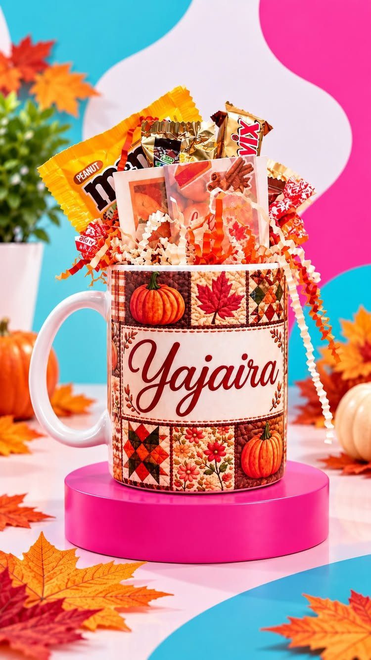 12 Thanksgiving Gifts for Coworkers They'll Actually Use 2 Personalized autumn mug filled with candies on a pink pedestal with fall leaves.