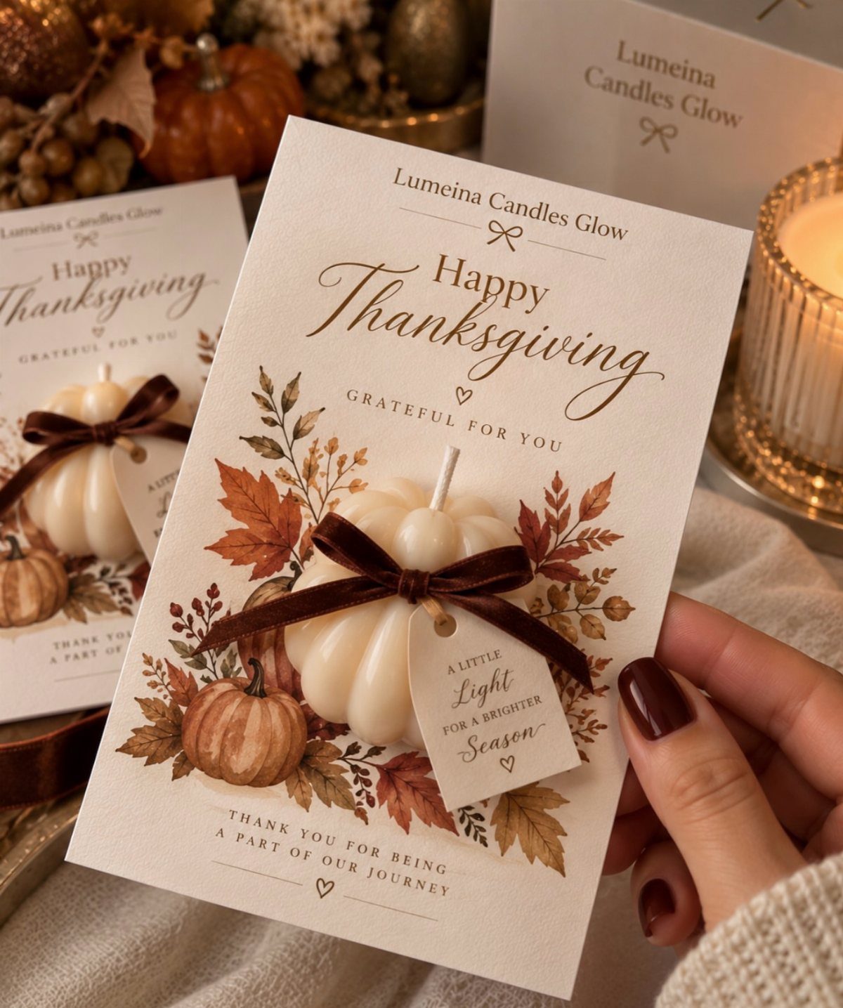 12 Thanksgiving Gifts for Coworkers They'll Actually Use 9 Pumpkin-shaped candle attached to a Happy Thanksgiving card held by a hand.