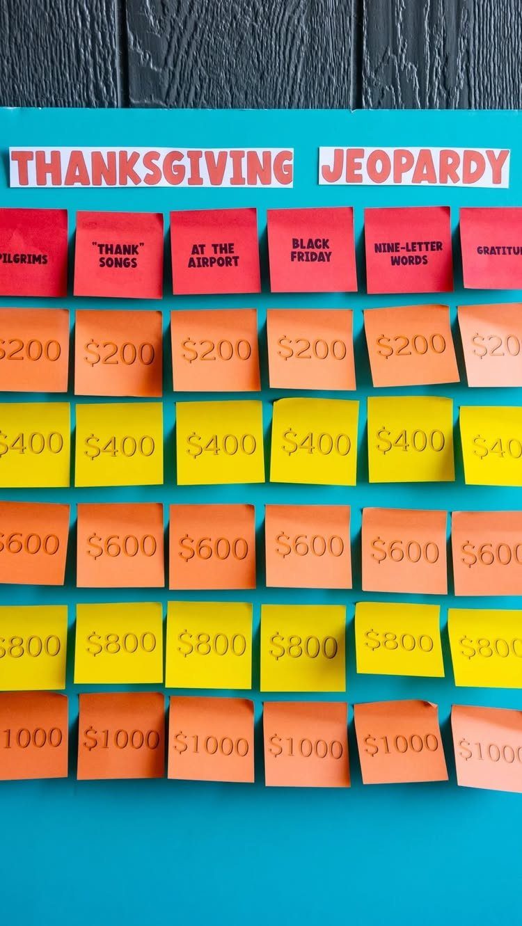 11 Thanksgiving Gifts for Family, From Candles to Cozy Throws 8 Thanksgiving Jeopardy game board with colorful sticky notes on a blue background