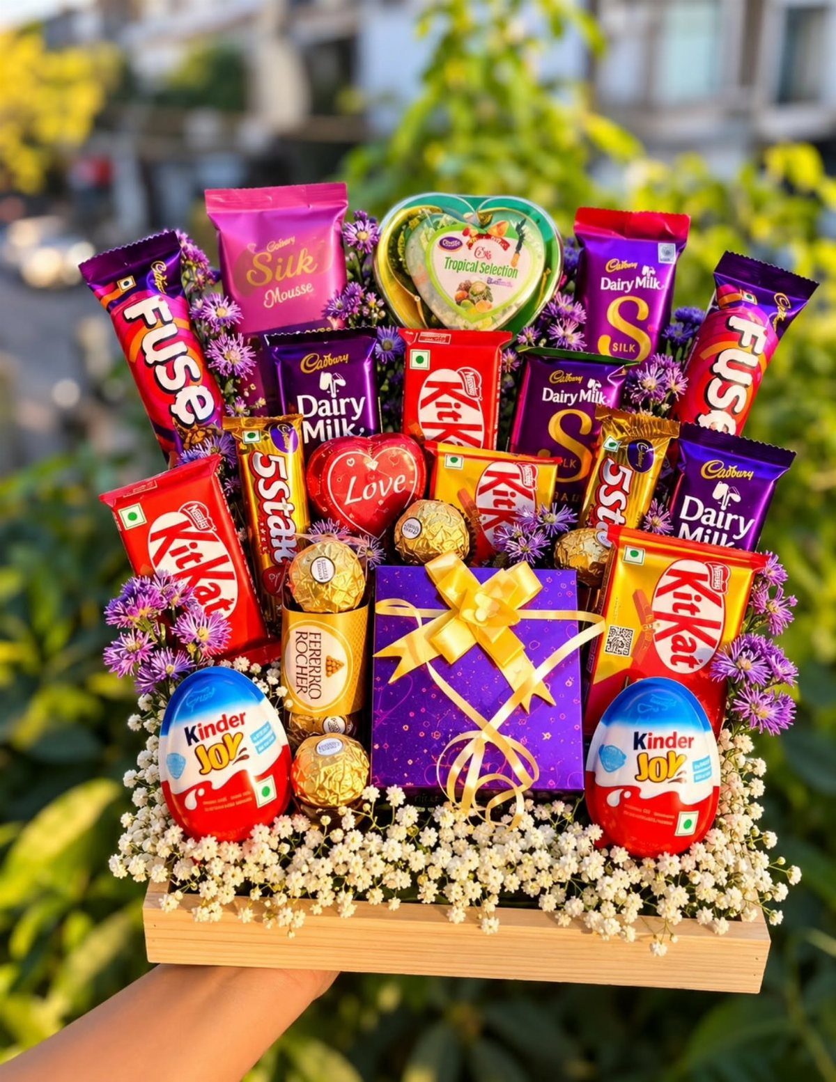 Chocolate gift basket in a wooden box with purple flowers and a gift box.